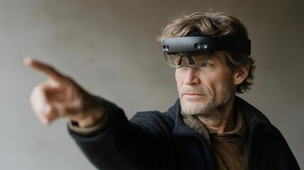 User manipulating holographic interface through neural headset, emotion of amazement visible, symbolizing immersive computing, neurocontrol, and AI-augmented human experience. cinematic color