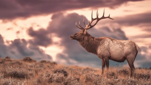 An elk stands regally, against a backdrop of a dramatic, cloudy sunset sky