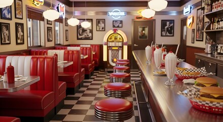 Vintage 1950s American diner interior with red leather booths, checkered floor, jukebox and classic retro restaurant design nostalgic atmosphere