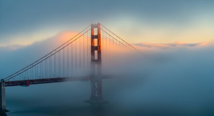 Golden Gate Bridge emerging from fog at sunset, iconic San Francisco landmark with dramatic misty atmosphere and golden hour lighting effect