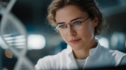 Analyst projecting 3D DNA sequence model via augmented reality, emotion of innovation visible, representing personalized medicine, bioinformatics, and data visualization in genomics. cinematic