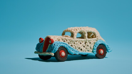 Colorful crocheted handmade vintage car on pastel blue background, surreal humorous concept, creative minimal design, perfect for advertising, posters, playful branding projects