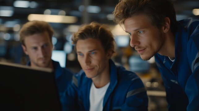 Team supervising AI-driven mobility analytics dashboard inside smart logistics hub, emotion of teamwork visible, representing data-driven efficiency, automation, and connected transport systems.