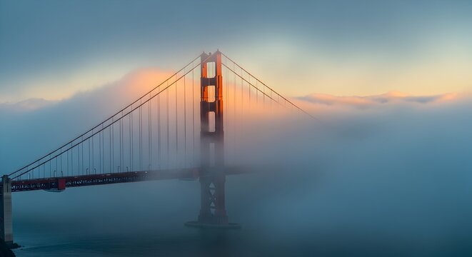 Golden Gate Bridge emerging from fog at sunset, iconic San Francisco landmark with dramatic misty atmosphere and golden hour lighting effect