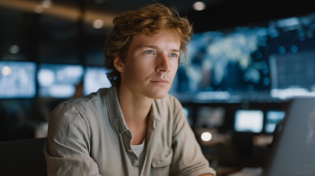 Lead cybersecurity officer monitoring decentralized network defense from holographic map interface, emotion of control visible, symbolizing data integrity, secure operations, and ethical digital