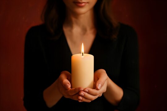 Woman in black dress holding burning candle in hands on red background, warm Christmas portrait symbolizing peace and festive calm.