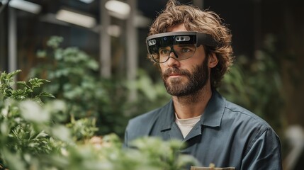 Agricultural scientist using AR climate simulation to predict crop growth under future weather conditions, emotion of precision and focus visible, representing precision agriculture, environmental