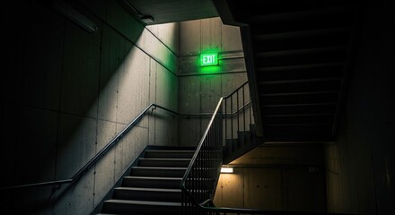 Fototapeta premium A well-lit staircase in a modern building leading to an emergency exit.