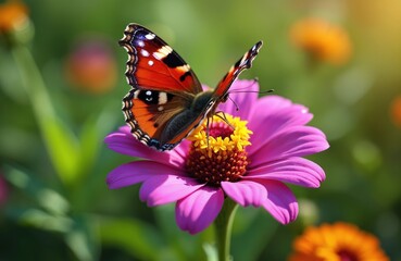 Fototapeta premium Red Admiral butterfly rests on vibrant purple marigold flower. Macro view captures intricate details of insect wings, bright colors on petals. Nature scene, summer garden, insect fauna, blossoms.