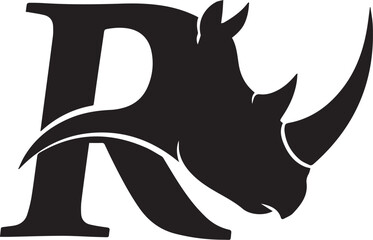 Rhinoceros letter R illustration – powerful horned silhouette fused with bold typography for strength branding, mascot design, and animal-letter identity.