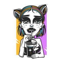 young woman girl with huge cup of coffee pinup pop art retro vector illustration. Comic book style imitation.