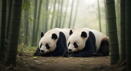Fototapeta premium Two adorable giant pandas peacefully resting on the forest floor amidst a serene bamboo forest, embodying natural harmony and wildlife