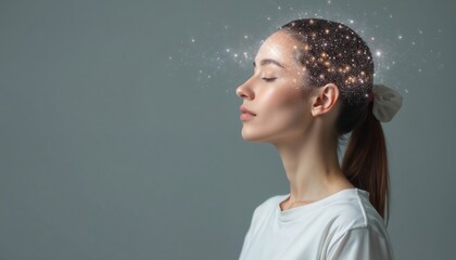 Woman profile features futuristic glowing brain visualization neural activation mental clarity creativity, intelligent thought. Sparks, stars emanate from head, signifying bright ideas, abstract
