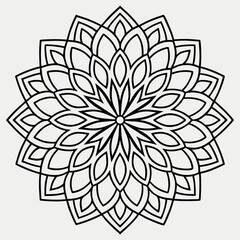 Intricate Adult Floral Coloring Book Style Symmetrical Botanical Mandala Pattern in Vector Line Art