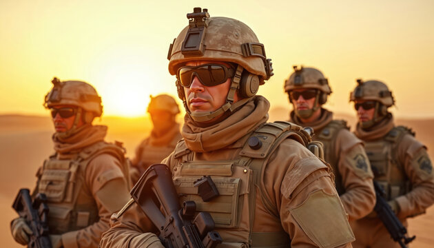 Group of soldiers in desert tactical gear stand in arid landscape at sunset. Soldiers wear camouflage uniforms, helmets, sunglasses, carry weapons, showing preparedness, teamwork during mission
