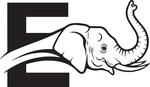 Minimalist letter &ldquo;E&rdquo; with elephant head and trunk &ndash; black-and-white emblem merging bold typography and majestic wildlife for branding, nature themes, and creative identity design.
