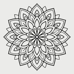 Intricate adult floral coloring book style advanced mandala design with layered petals and vines in detailed black and white symmetrical vector line art