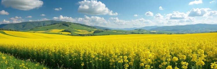 Fototapeta premium Vast panorama of blooming yellow rapeseed fields under beautiful spring sky with rolling green hills, mountains. Sunny rural landscape features canola plants stretching to horizon, ideal for