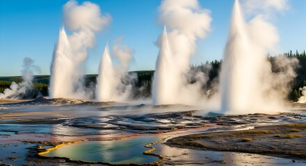 Yellowstone geothermal basin with multiple geysers erupting, dramatic steam clouds rising from hot springs in national park landscape view