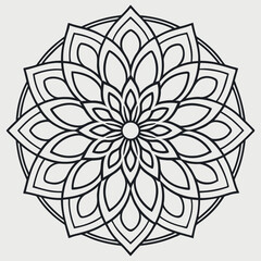 Intricate adult floral coloring book style hand-drawn mandala with perfect radial symmetry and elegant thin-line black and white vector design