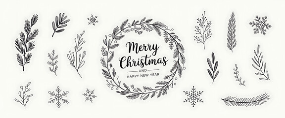 Merry Christmas vector hand drawn decoration set. Christmas wreath greeting text branches of fir trees plants berries snowflake.