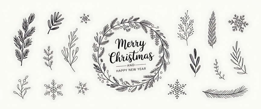 Merry Christmas vector hand drawn decoration set. Christmas wreath greeting text branches of fir trees plants berries snowflake. - Powered by Adobe