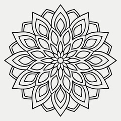 Intricate adult floral coloring book style hand-drawn mandala with detailed floral and vine patterns in elegant black and white circular line illustration