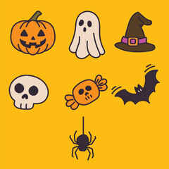 Halloween cartoon line art vector icon set featuring pumpkin, ghost, witch hat, skull, candy, bat, and spider