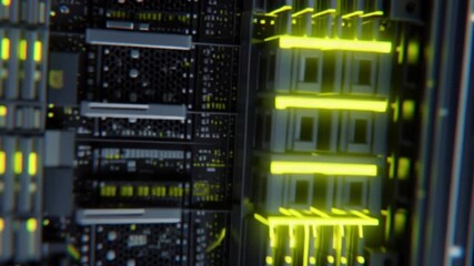 A cinematic walkthrough begins with a close-up of a data server rack before delving into its glowing neon-lit electronic core, revealing the intricate circuitry, precision engineering, and power of mo - Powered by Adobe