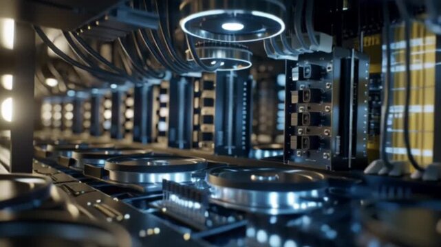 A cinematic walkthrough begins with a close-up of a data server rack before delving into its glowing neon-lit electronic core, revealing the intricate circuitry, precision engineering, and power of mo