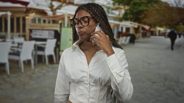 Woman with braided hair and glasses holds phone to ear on street outside restaurant terrace, eyes closed and hand near jawline; quiet contemplation.