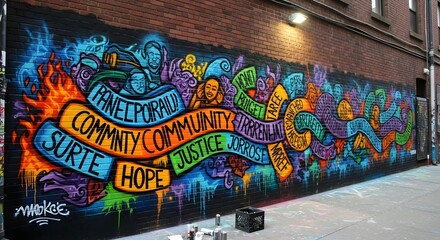 Obraz premium Colorful urban graffiti mural on brick building featuring positive message and vibrant street art characters in contemporary public art style