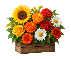 Obraz premium Vibrant floral display in a rustic wooden crate, ideal for dining table centerpieces.