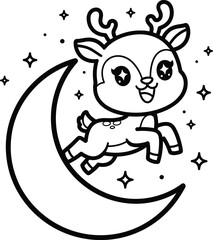 Adorable cartoon reindeer with big eyes joyfully leaping across a crescent moon under a starry night sky