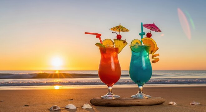 Two colorful cocktails isolated on transparent background
