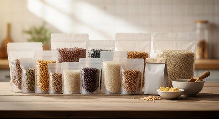 Variety of grains and pulses in clear packaging on wooden surface