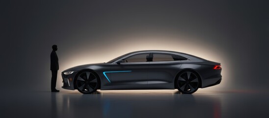 A person stands next to a modern electric car in a dimly lit space. The vehicle features smooth lines, a glowing accent, and futuristic design elements