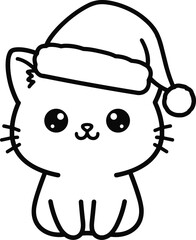 Adorable kawaii black and white christmas cat wearing a santa hat illustration