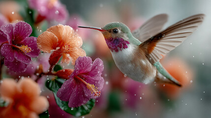 Fototapeta premium Kolibri im Flug zwischen bunten Blüten – Symbol für Leichtigkeit und Leben