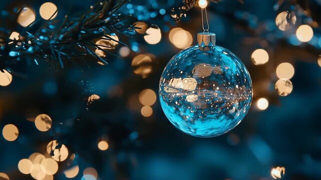 Blue Christmas Ornament Hanging On Tree Branch Festive Lights Reflection Smooth Camera Orbit