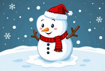 Charming Snowman with Red Santa Hat and Scarf on Snowy Landscape with Falling Snowflakes in Winter Wonderland Cartoon Scene