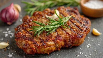 Grilled Ribeye Steak with Garlic and Rosemary on Slate Plate