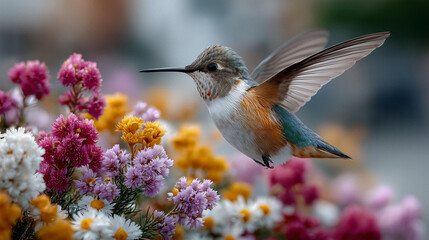 Fototapeta premium Kolibri im Flug zwischen bunten Blüten – Symbol für Leichtigkeit und Leben