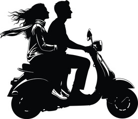 Silhouetted couple riding a scooter together on a windy day enjoying the journey