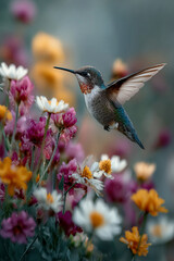 Fototapeta premium Kolibri im Flug zwischen bunten Blüten – Symbol für Leichtigkeit und Leben