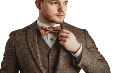 Handsome man wearing a stylish tweed suit adjusting his bow tie before his elegant fall wedding celebration isolated on transparent background PNG