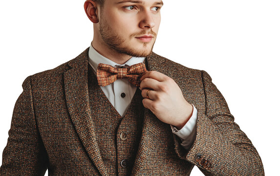Handsome man wearing a stylish tweed suit adjusting his bow tie before his elegant fall wedding celebration isolated on transparent background PNG