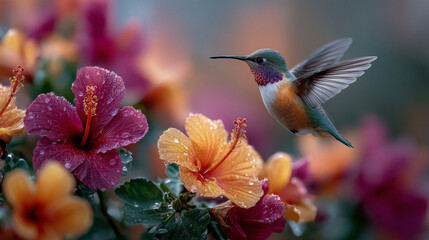 Fototapeta premium Kolibri im Flug zwischen bunten Blüten – Symbol für Leichtigkeit und Leben