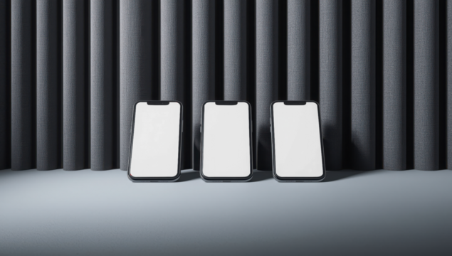 Three modern smartphones with blank screens arranged in a row against a textured grey background transparent mockup 