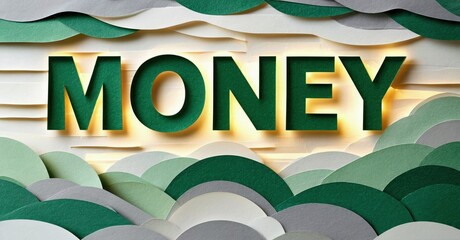 Bright yellow money text over layered green, gray paper waves. Simple design suggests finance, wealth, investment concepts.
